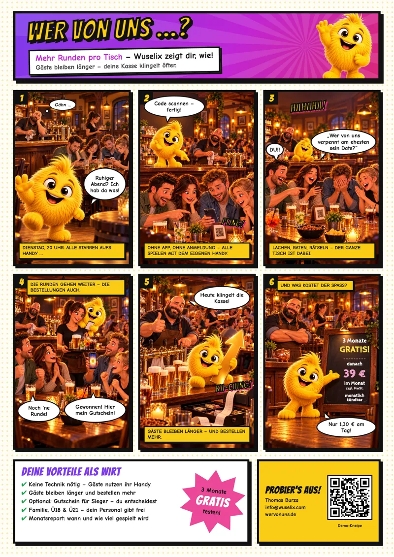 Comic-Infoblatt: Wuselix zeigt, wie das Spiel im Lokal funktioniert